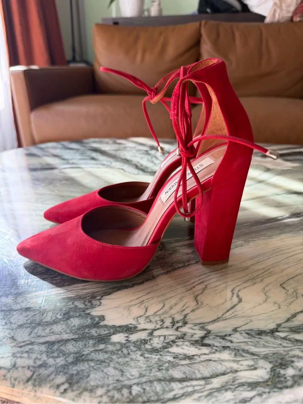 Steve Madden Red Suede Pointed Toe Ankle Tie Heels